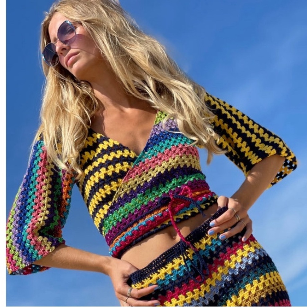 Rose Carmine rainbow metallic knit wrap top one size